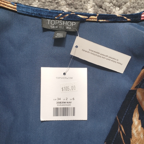 Topshop Foil Floral Plunge Wrap Dress Navy/Gold - Picture 10 of 10